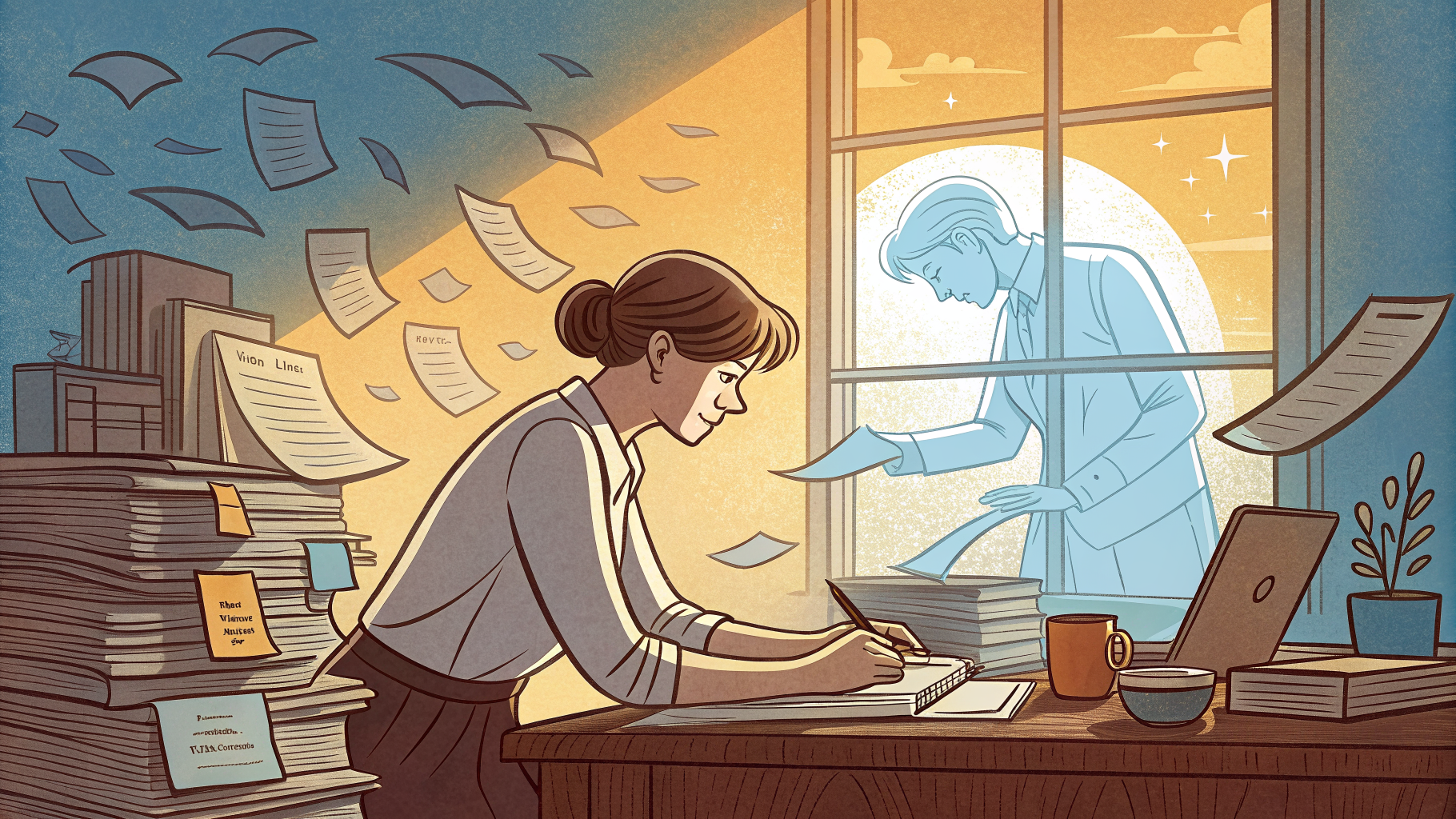 Hand-drawn editorial illustration clean lines warm colors A weary salesperson
