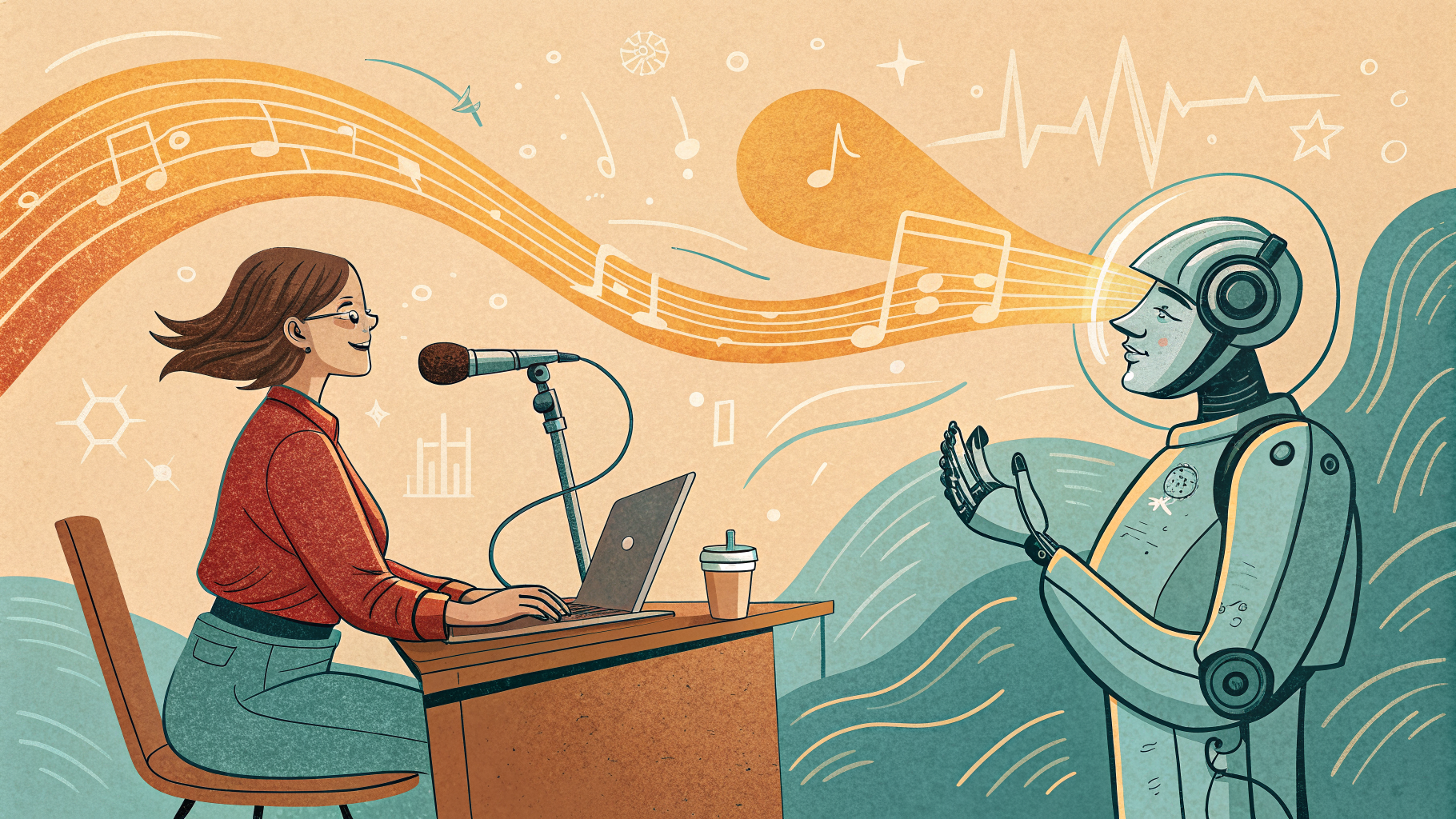Hand-drawn editorial illustration clean lines warm colors A person at