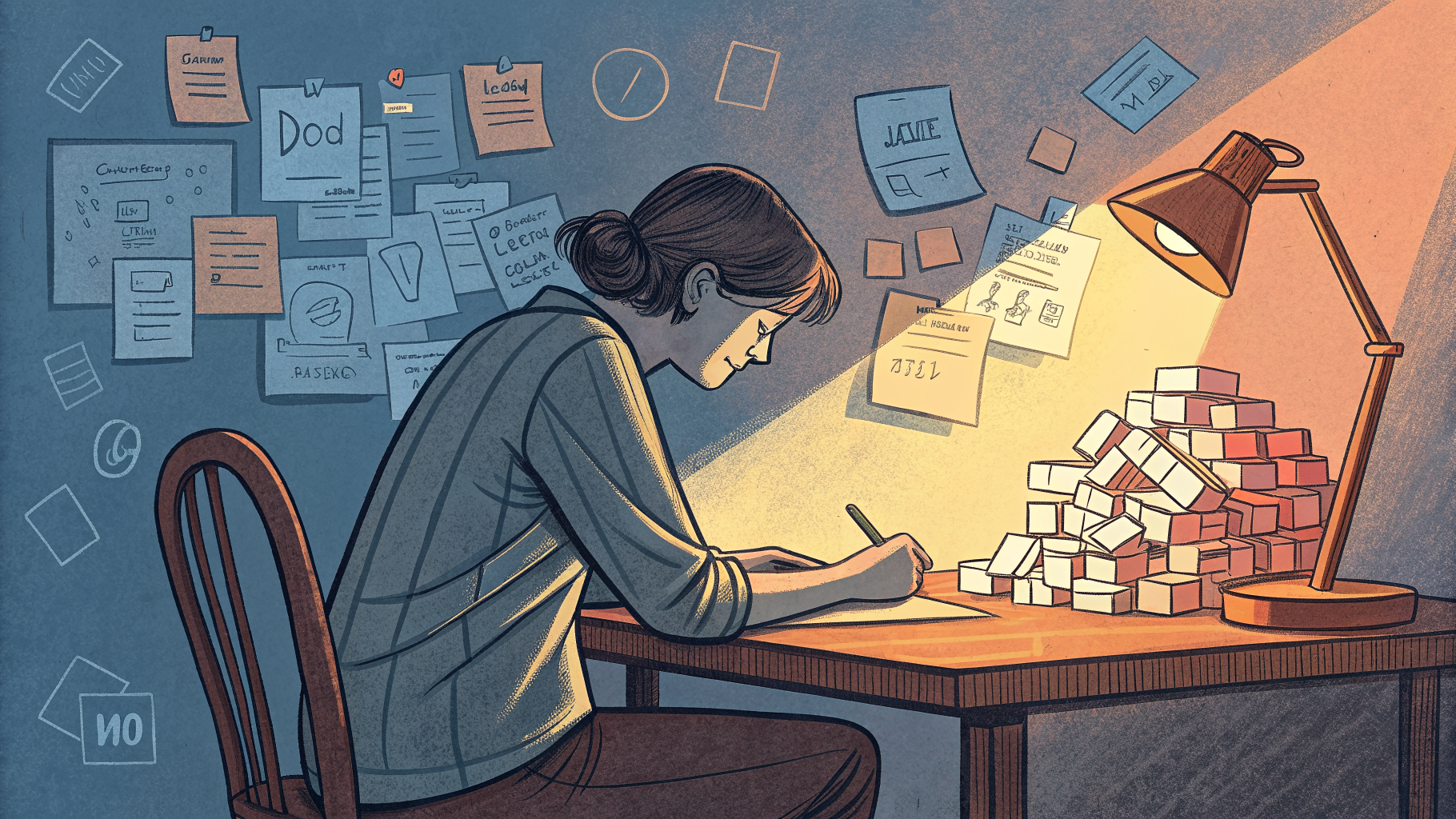 Hand-drawn editorial illustration clean lines warm colors A person sits