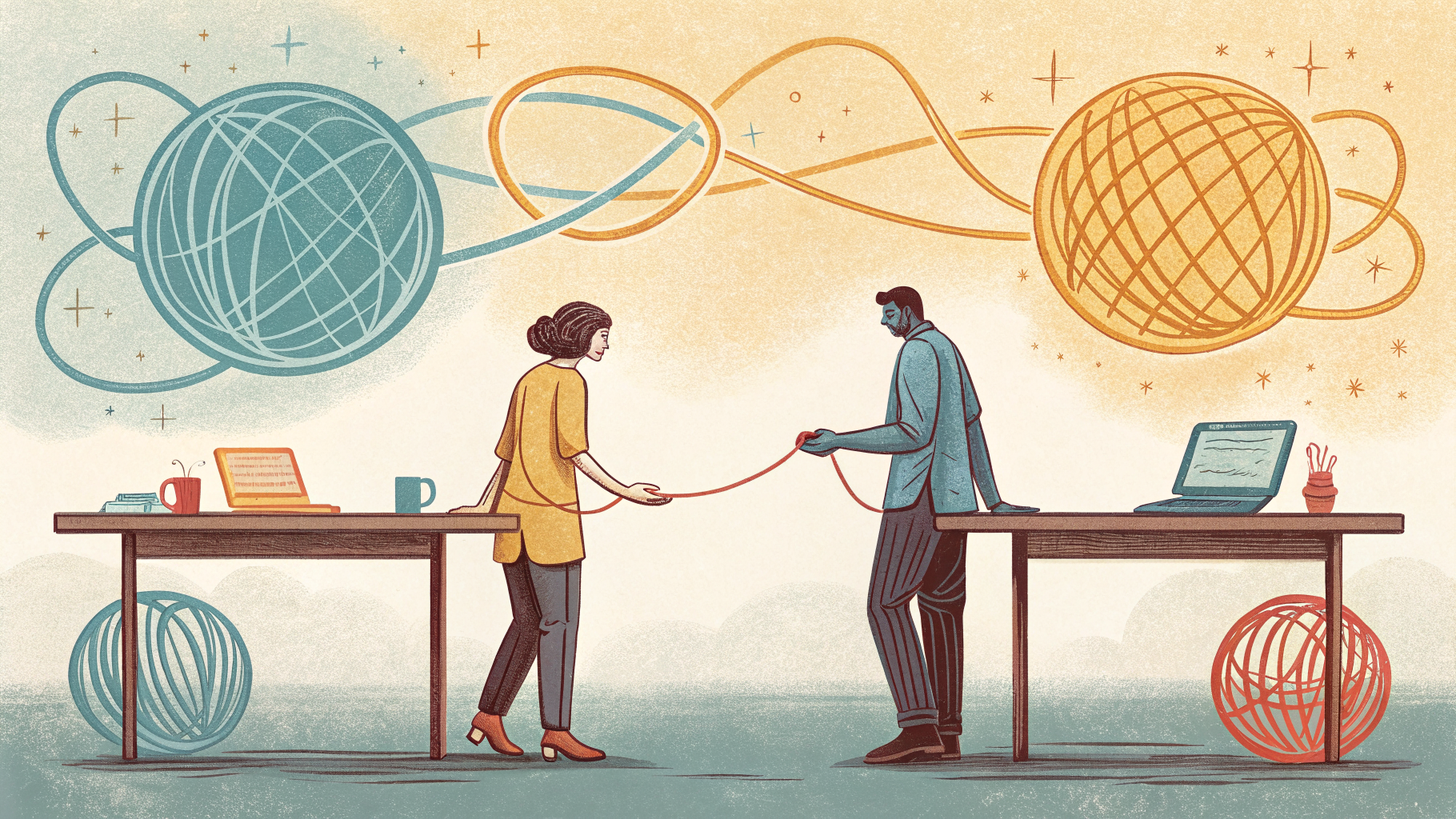 Hand-drawn editorial illustration clean lines warm colors Two figures stand