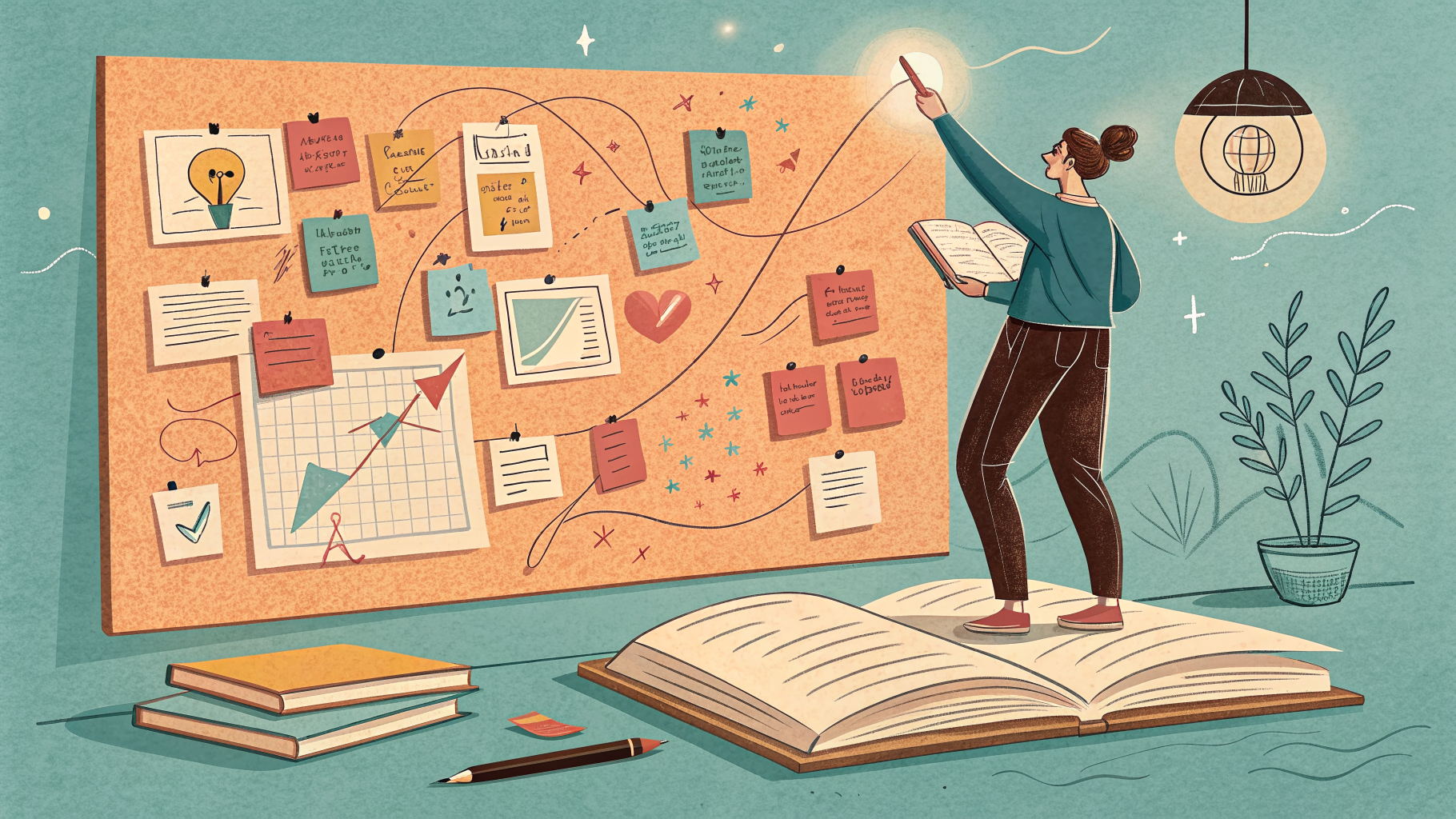 Hand-drawn editorial illustration clean lines warm colors A designer stands