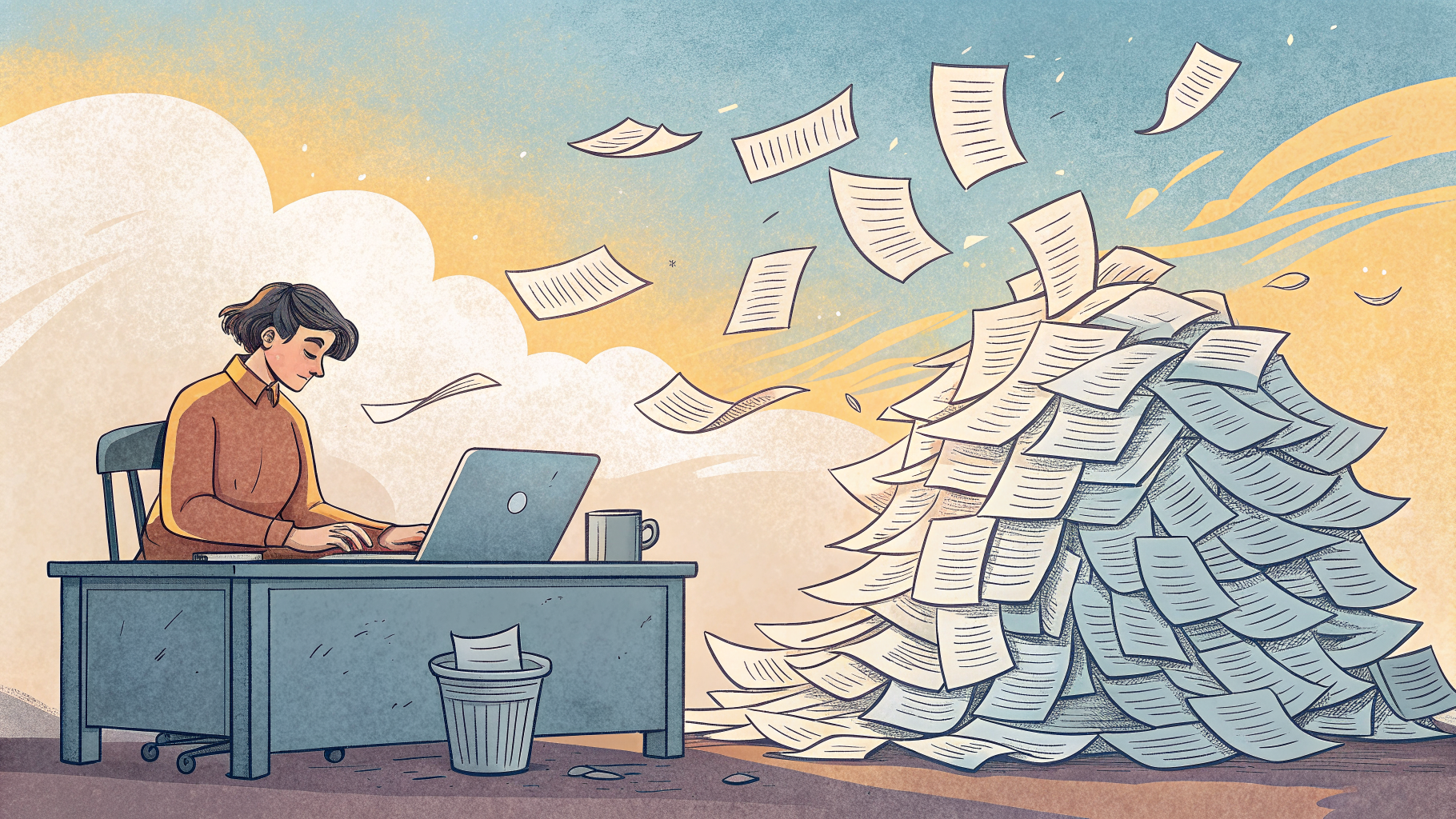 Hand-drawn editorial illustration clean lines warm colors A tangle of