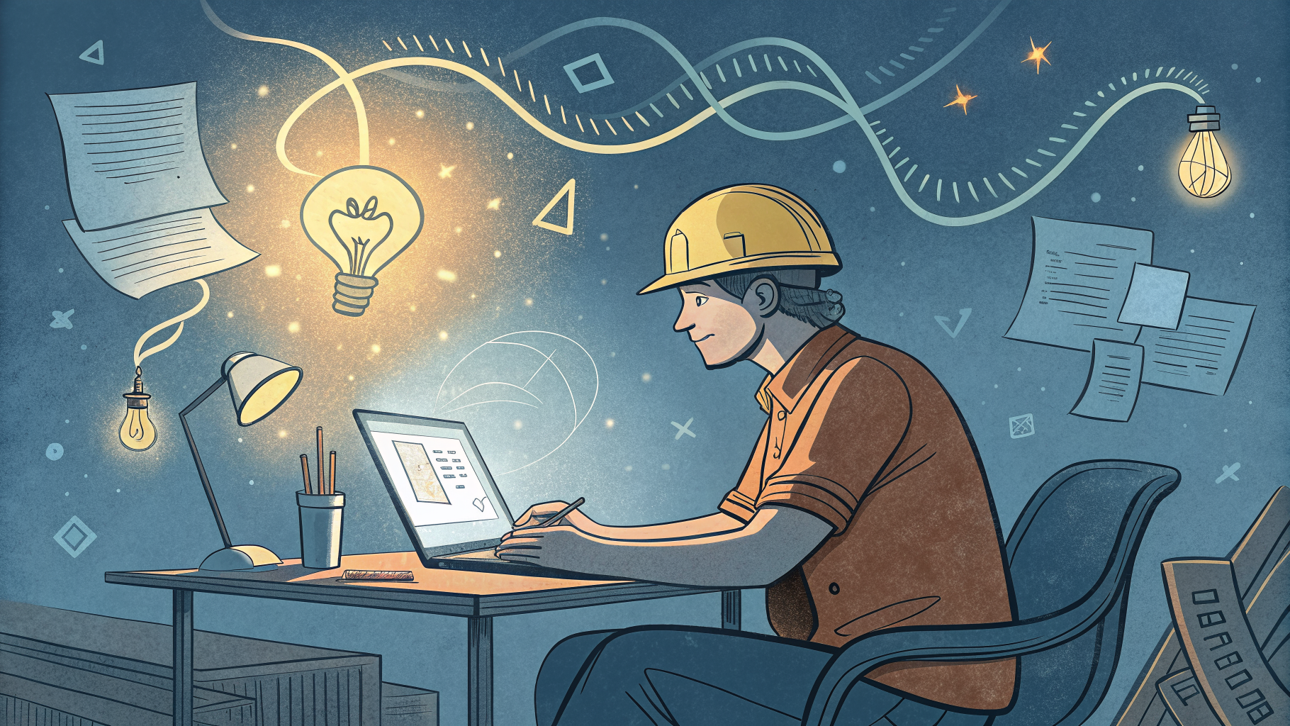 Hand-drawn editorial illustration clean lines warm colors A relaxed engineer