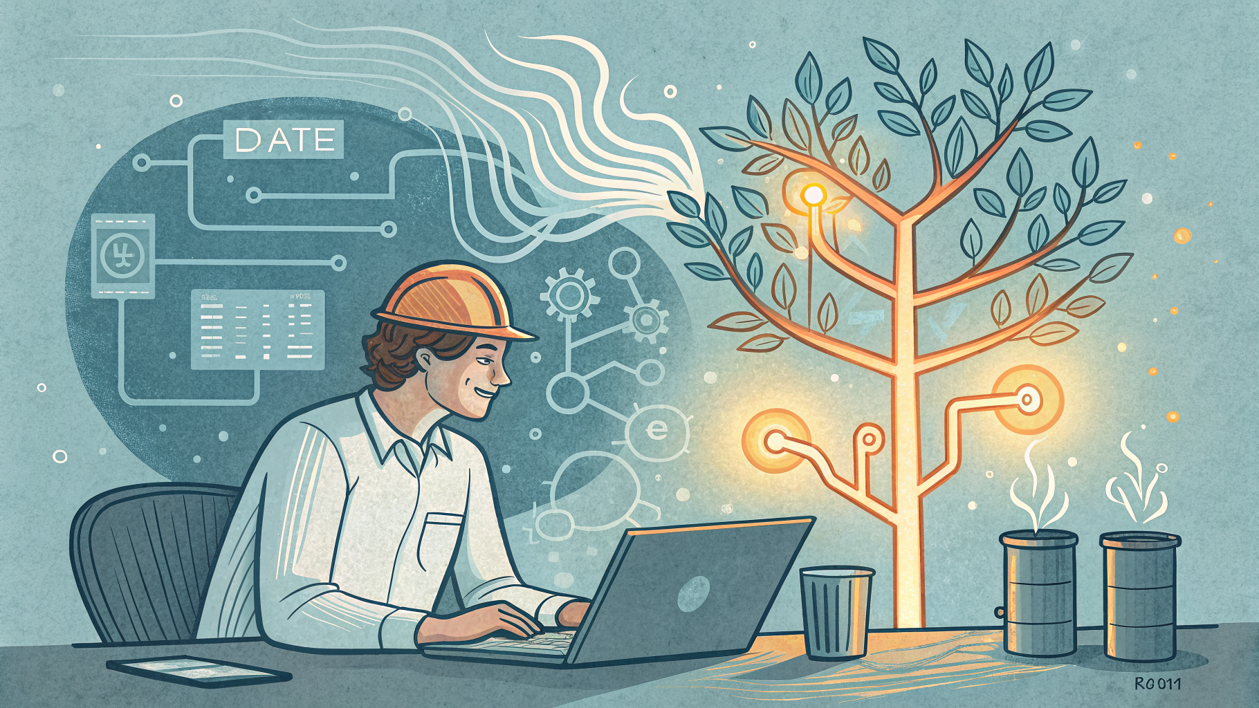 Hand-drawn editorial illustration clean lines warm colors An engineer sits