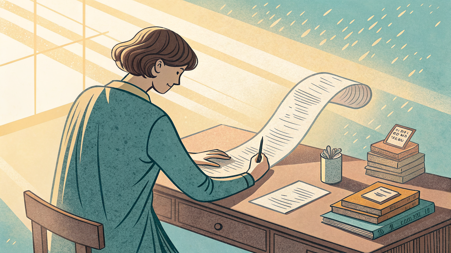 Hand-drawn editorial illustration clean lines warm colors A person at