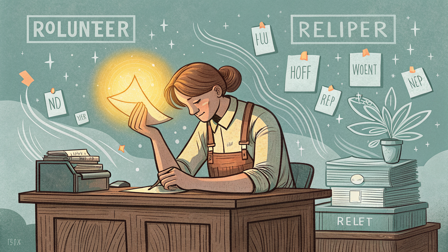 Hand-drawn editorial illustration clean lines warm colors A weary volunteer