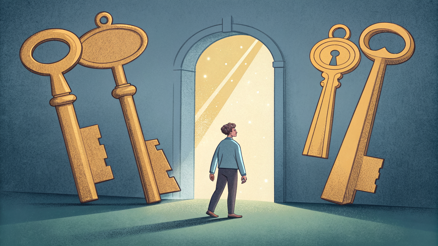 Hand-drawn editorial illustration clean lines warm colors A single figure
