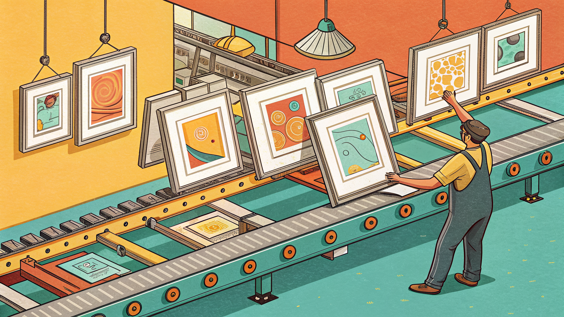 Hand-drawn editorial illustration clean lines warm colors An assembly line
