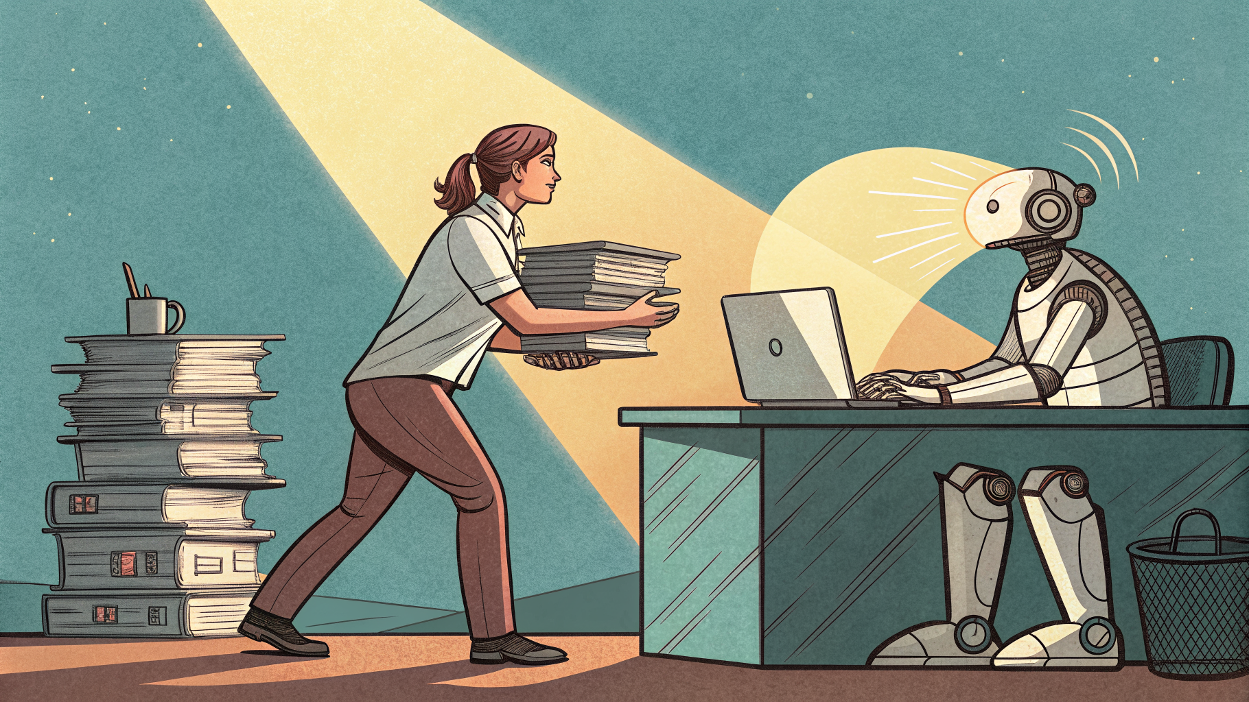Hand-drawn editorial illustration clean lines warm colors A tired sales