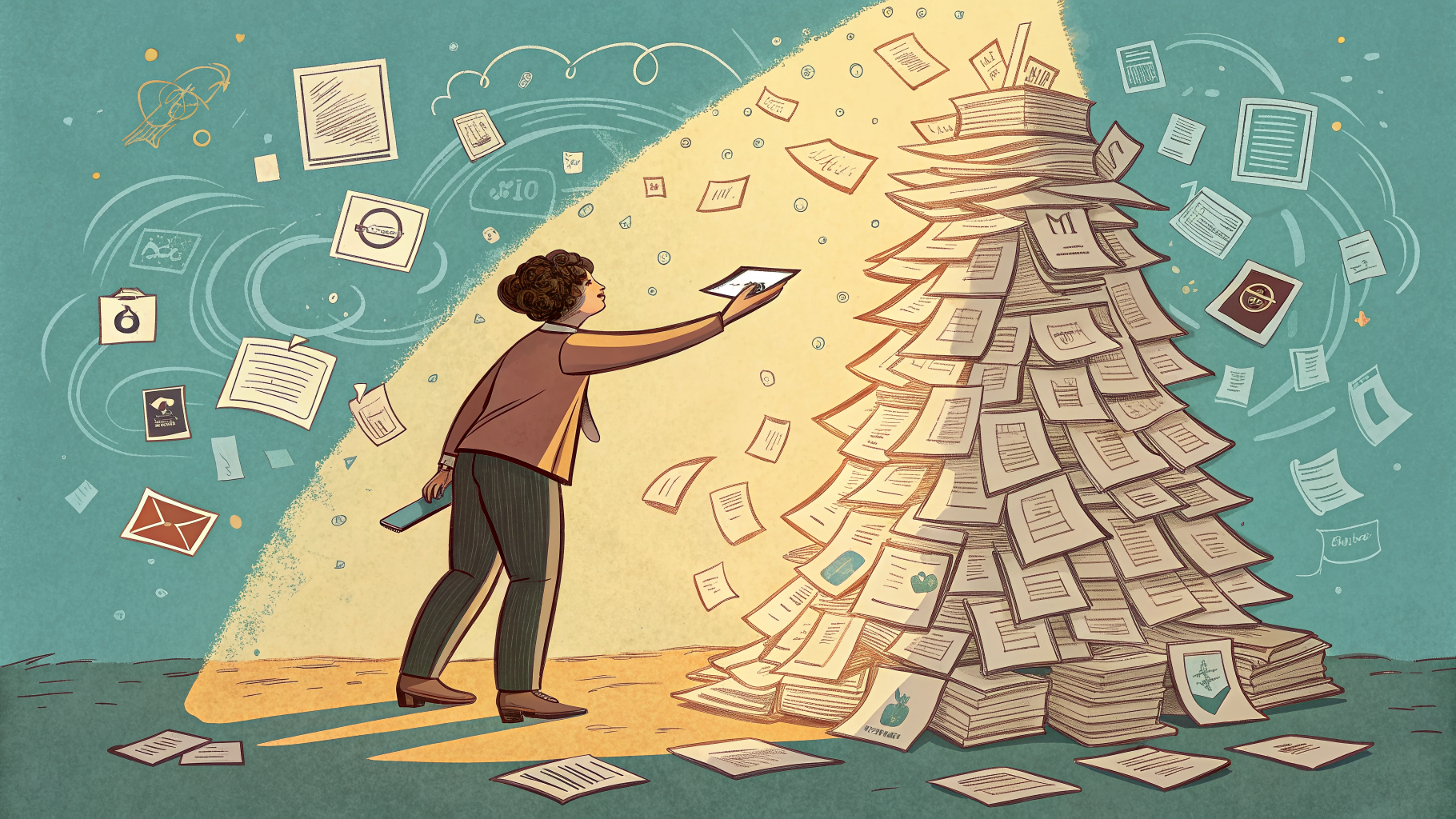 Hand-drawn editorial illustration clean lines warm colors A person stands
