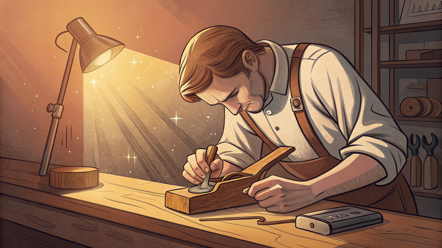 Hand-drawn editorial illustration clean lines warm colors A craftsperson at