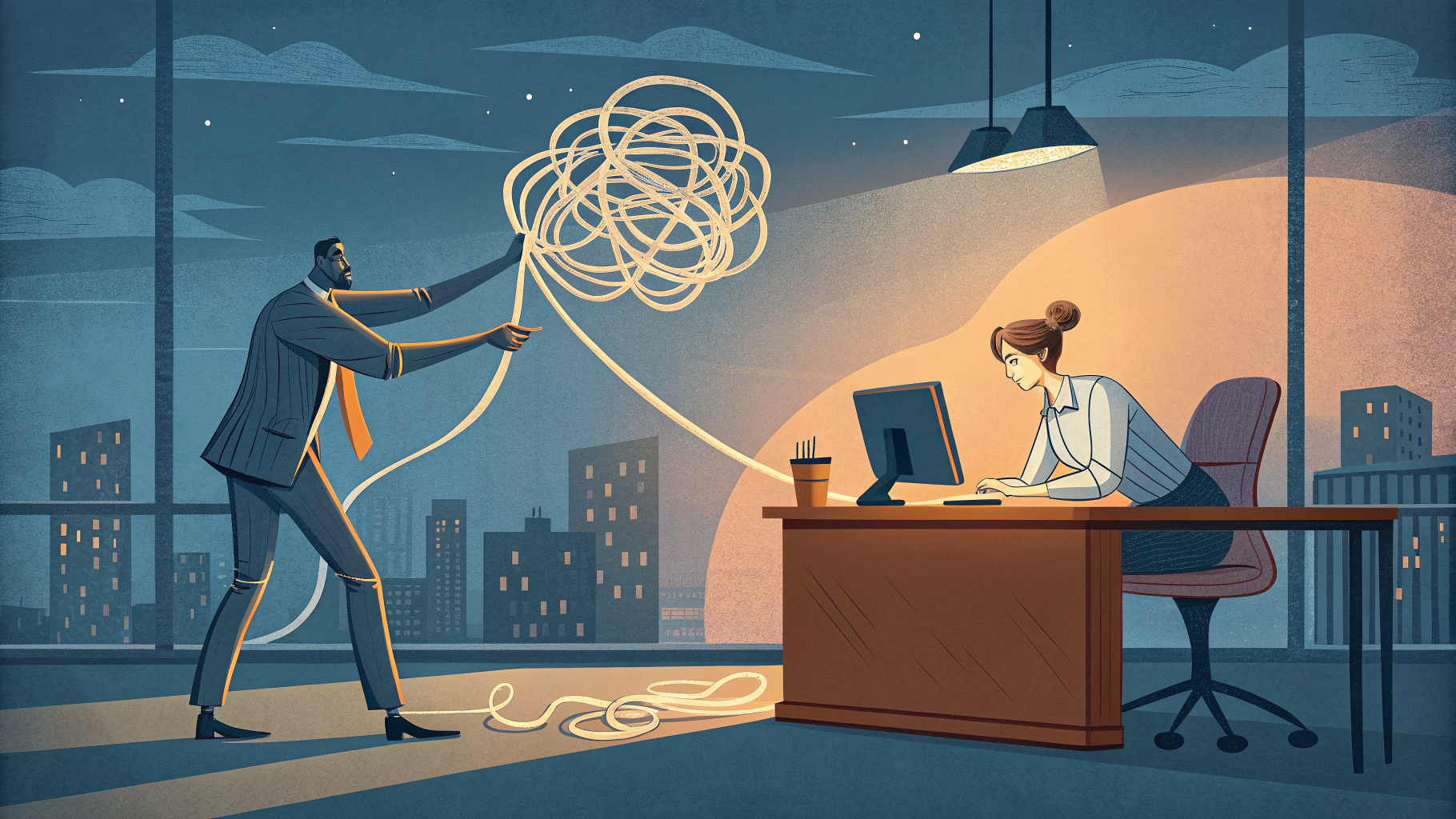 Hand-drawn editorial illustration clean lines warm colors A lone figure