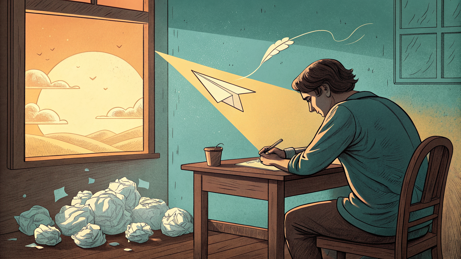 Hand-drawn editorial illustration clean lines warm colors A tired writer