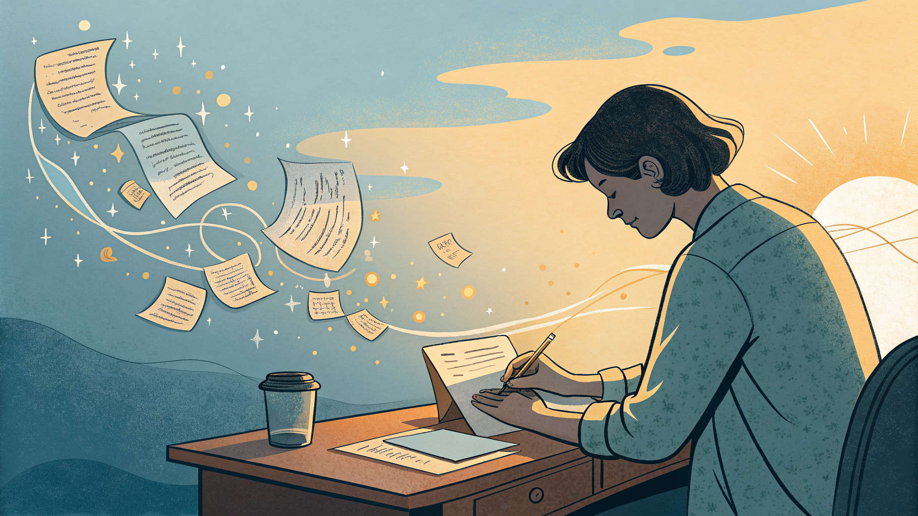 Hand-drawn editorial illustration clean lines warm colors A person at
