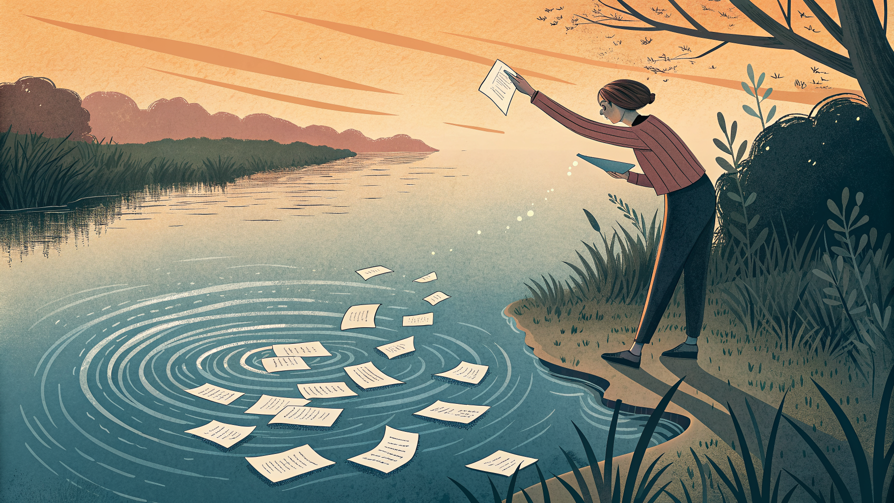 Hand-drawn editorial illustration clean lines warm colors A figure stands