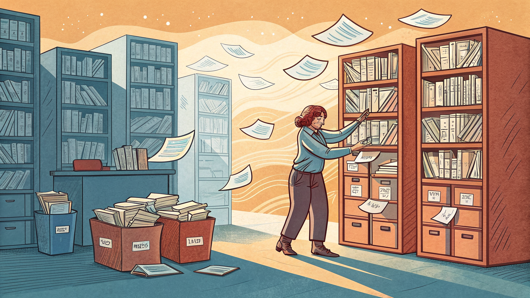 Hand-drawn editorial illustration clean lines warm colors A librarian-figure stands