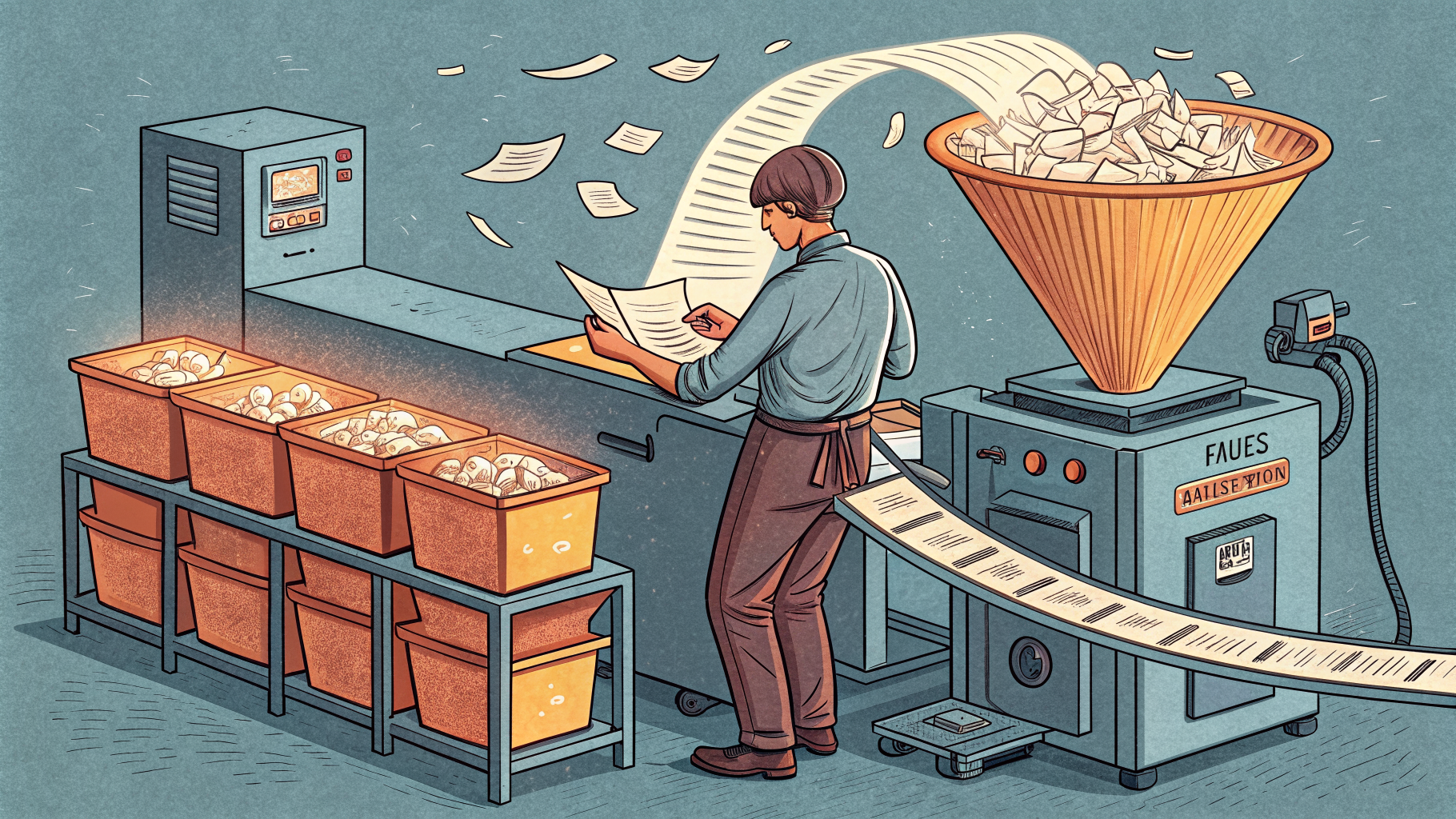 Hand-drawn editorial illustration clean lines warm colors A worker at