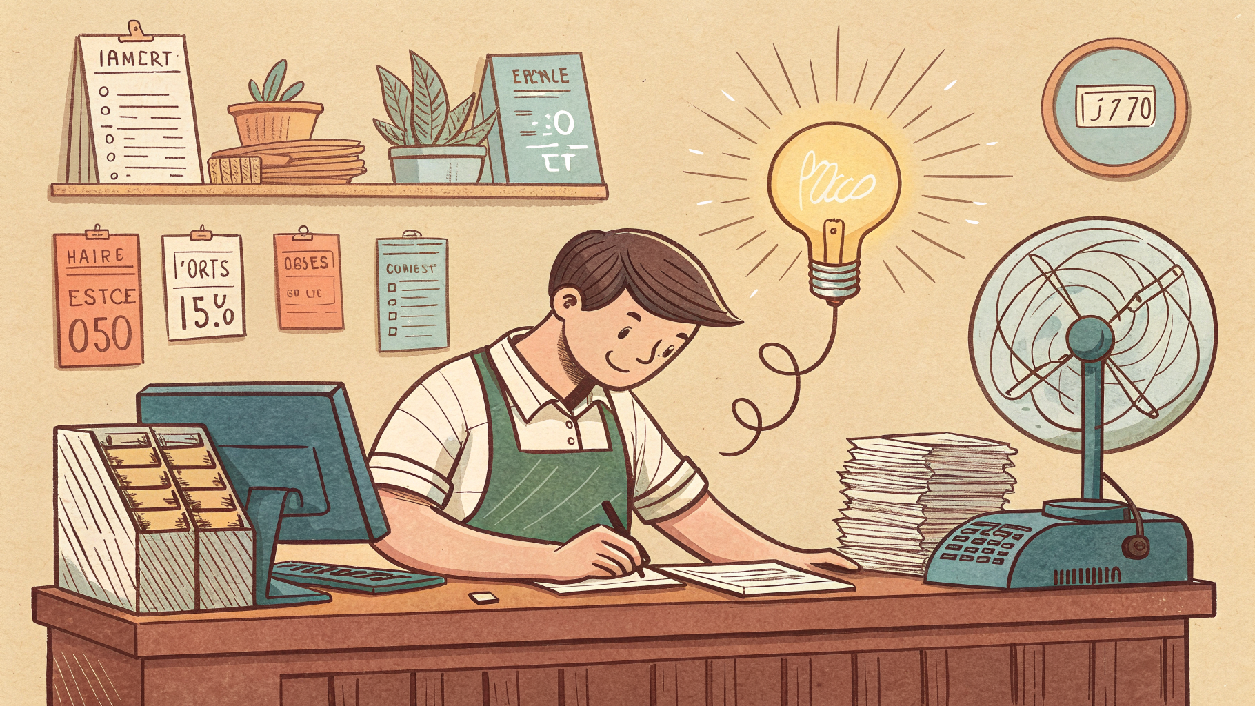 Hand-drawn editorial illustration clean lines warm colors A small shop
