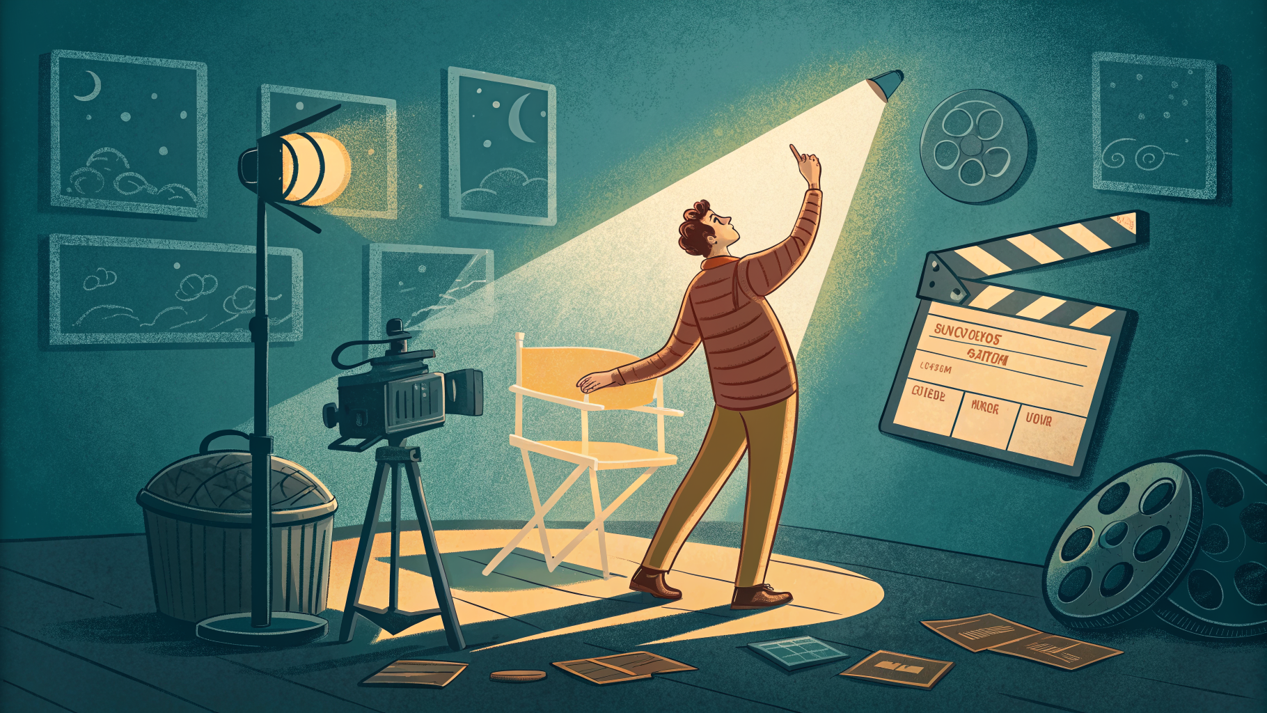 Hand-drawn editorial illustration clean lines warm colors A director in
