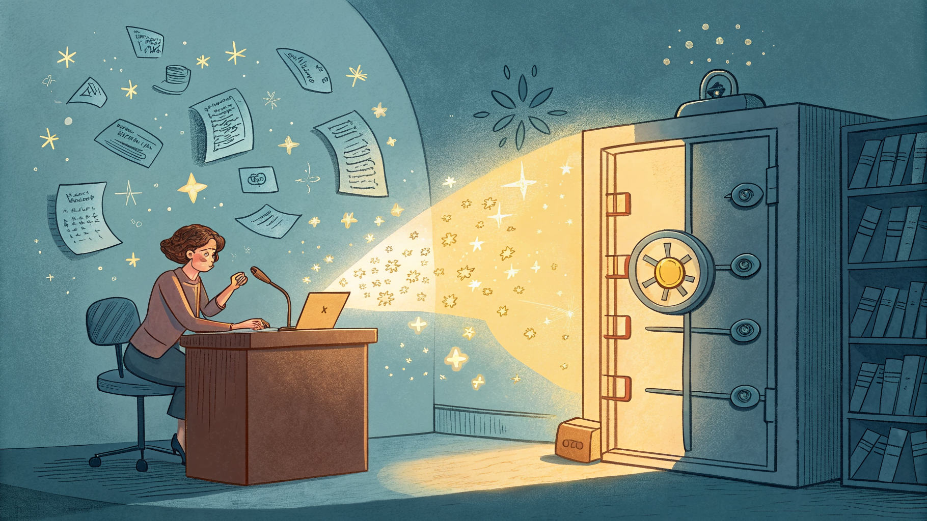 Hand-drawn editorial illustration clean lines warm colors A person at