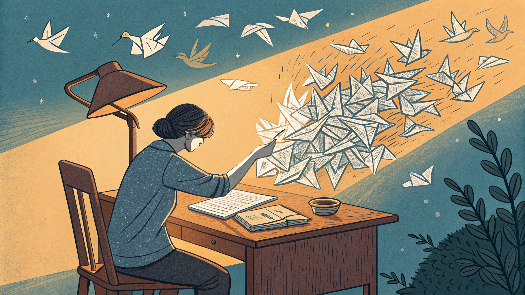 Hand-drawn editorial illustration clean lines warm colors A person at