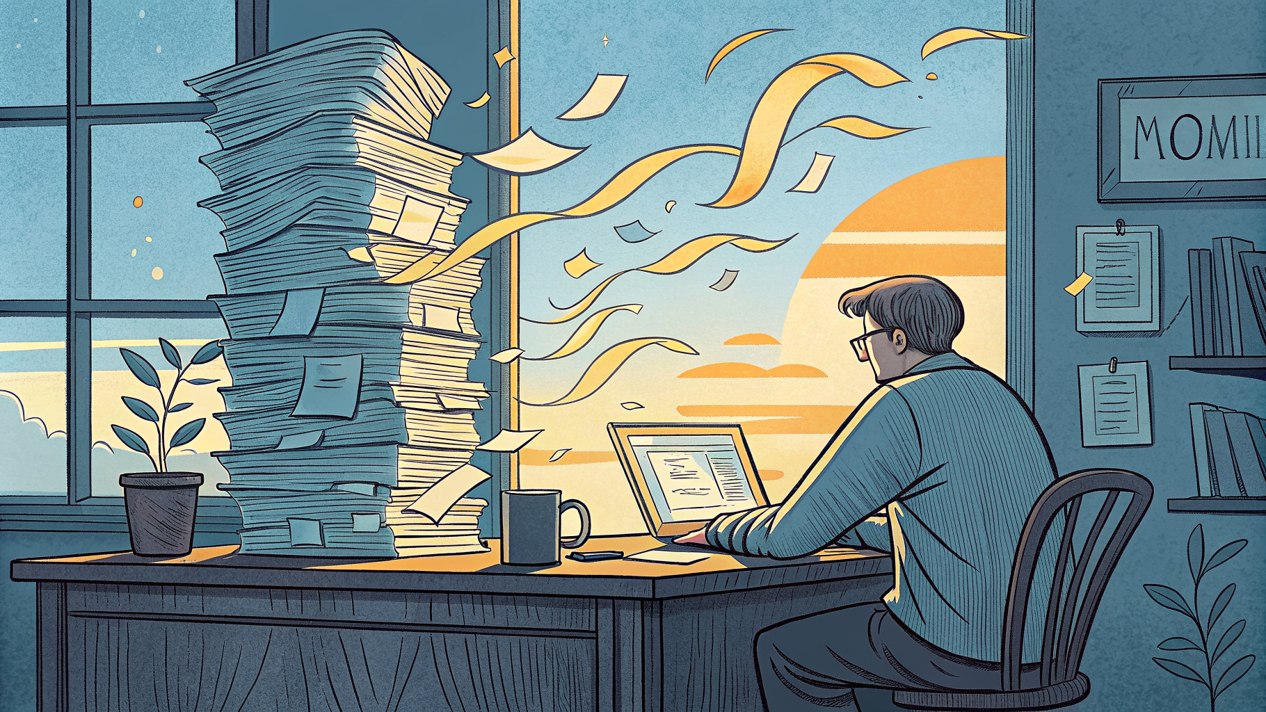 Hand-drawn editorial illustration clean lines warm colors A weary founder