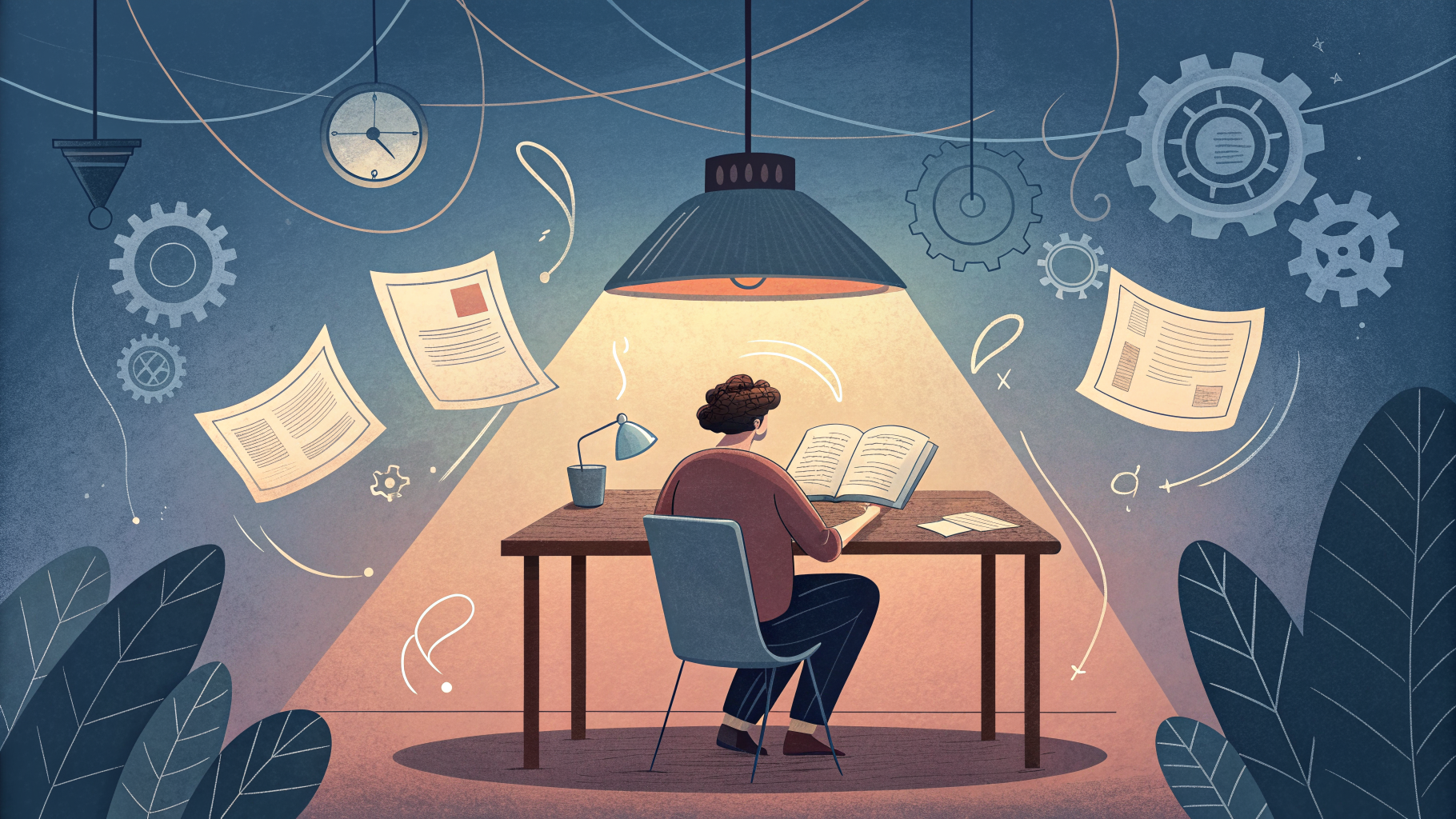 Hand-drawn editorial illustration clean lines warm colors A person sits