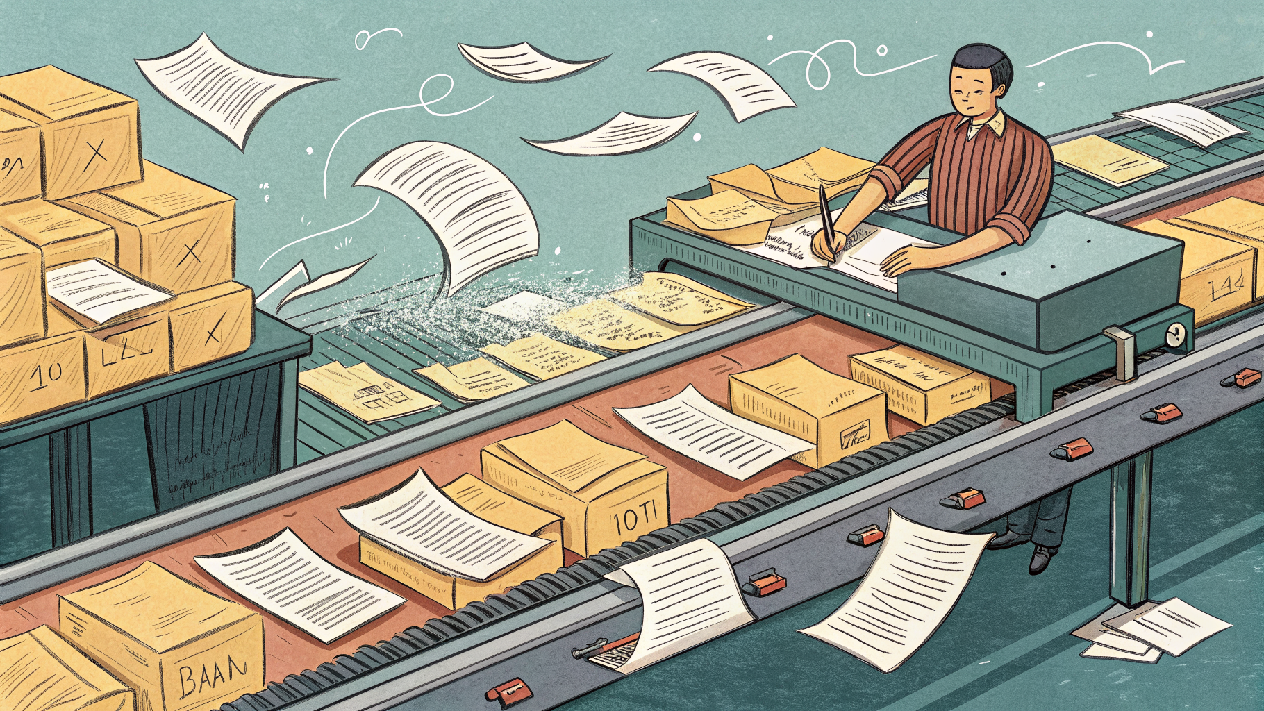 Hand-drawn editorial illustration clean lines warm colors A crowded desk