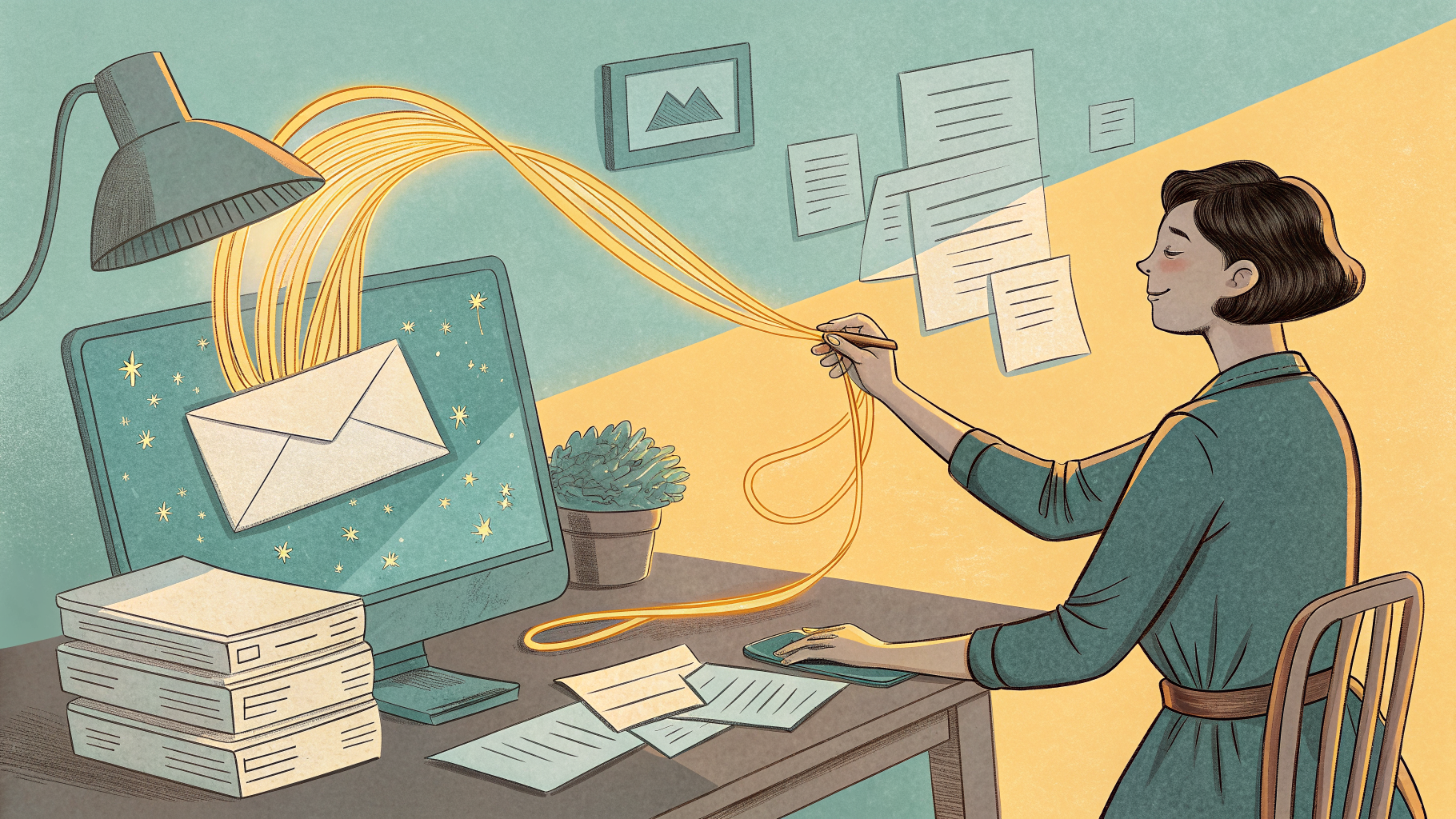 Hand-drawn editorial illustration clean lines warm colors A person at