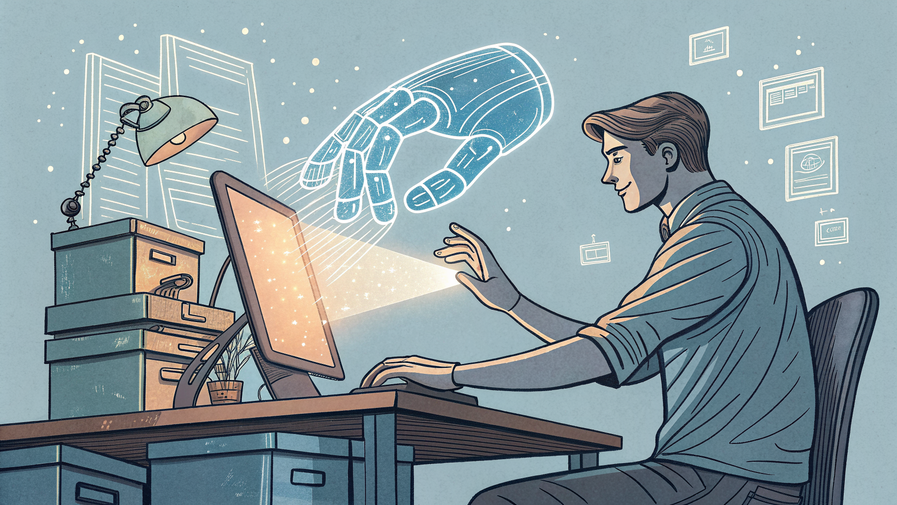 Hand-drawn editorial illustration clean lines warm colors A developer at