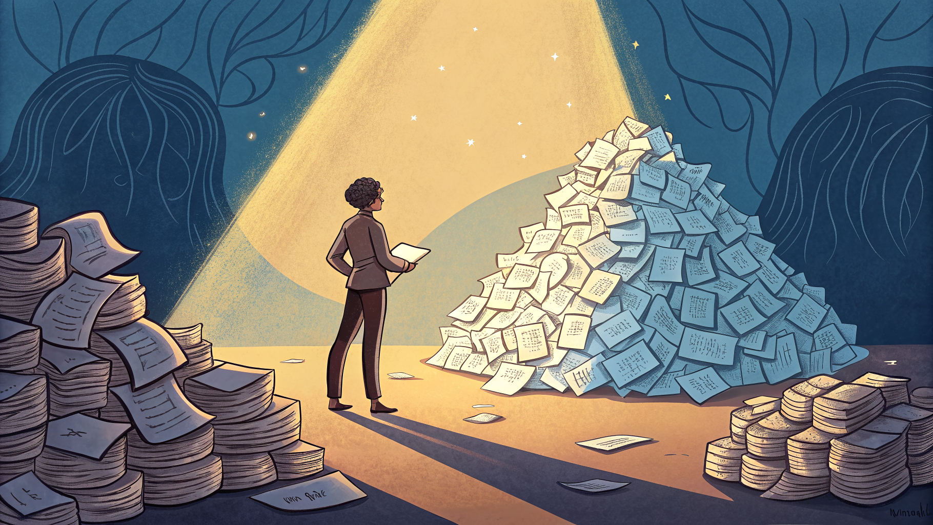 Hand-drawn editorial illustration clean lines warm colors A figure stands