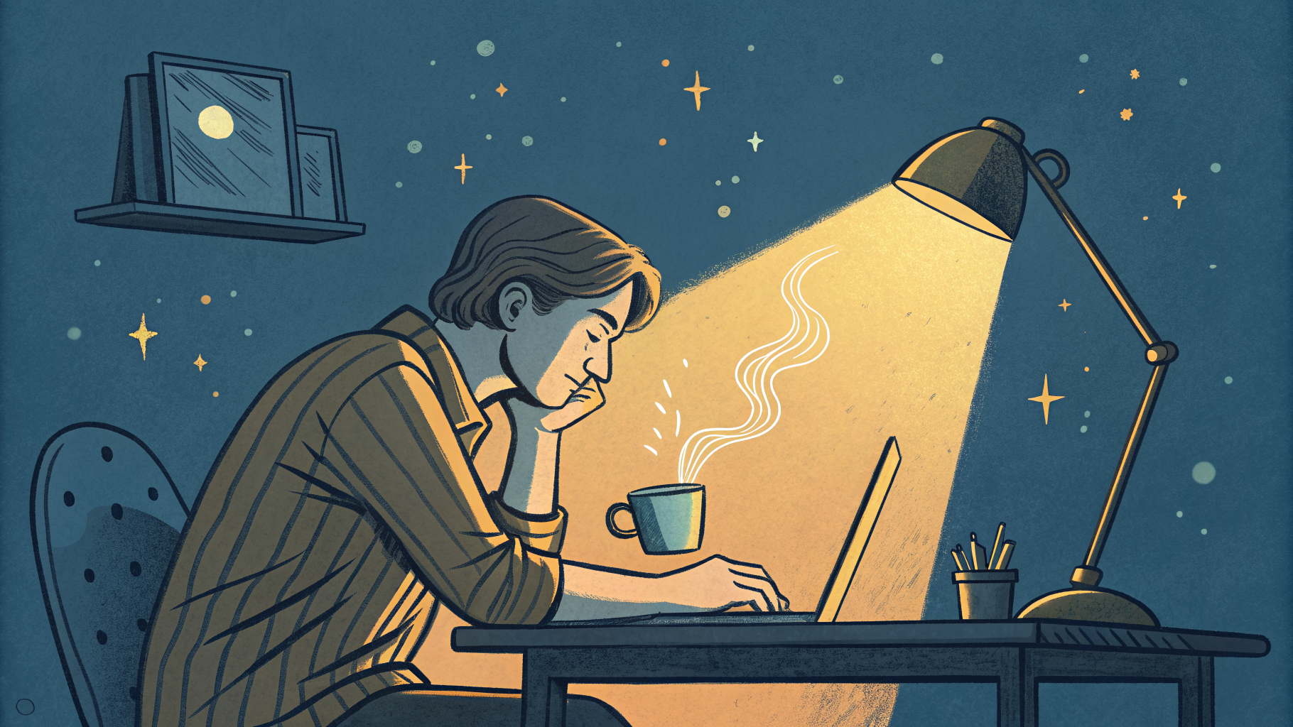 Hand-drawn editorial illustration clean lines warm colors A weary marketer