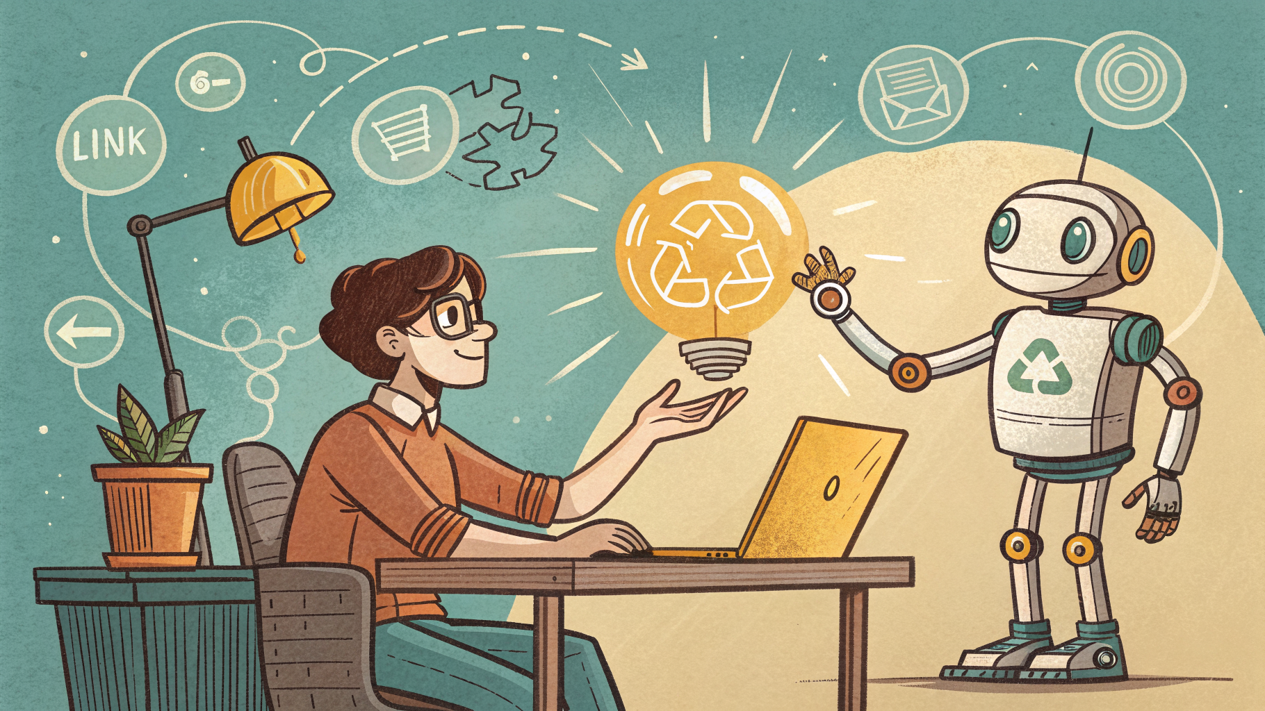 Hand-drawn editorial illustration clean lines warm colors A marketer at