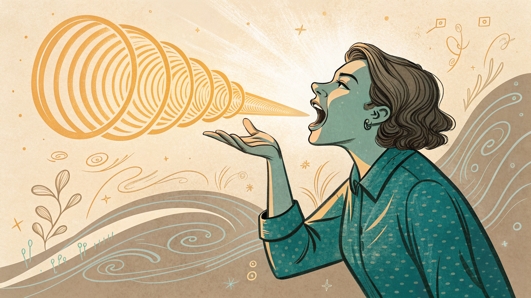 Hand-drawn editorial illustration clean lines warm colors A person mid-sentence