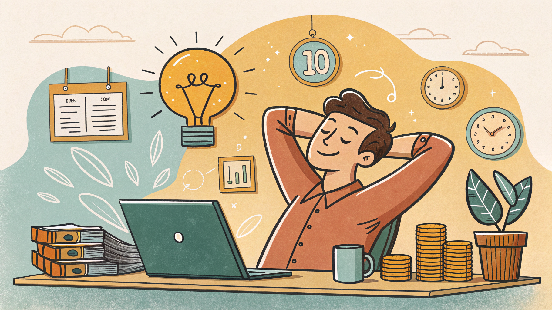 Hand-drawn editorial illustration clean lines warm colors A freelancer at