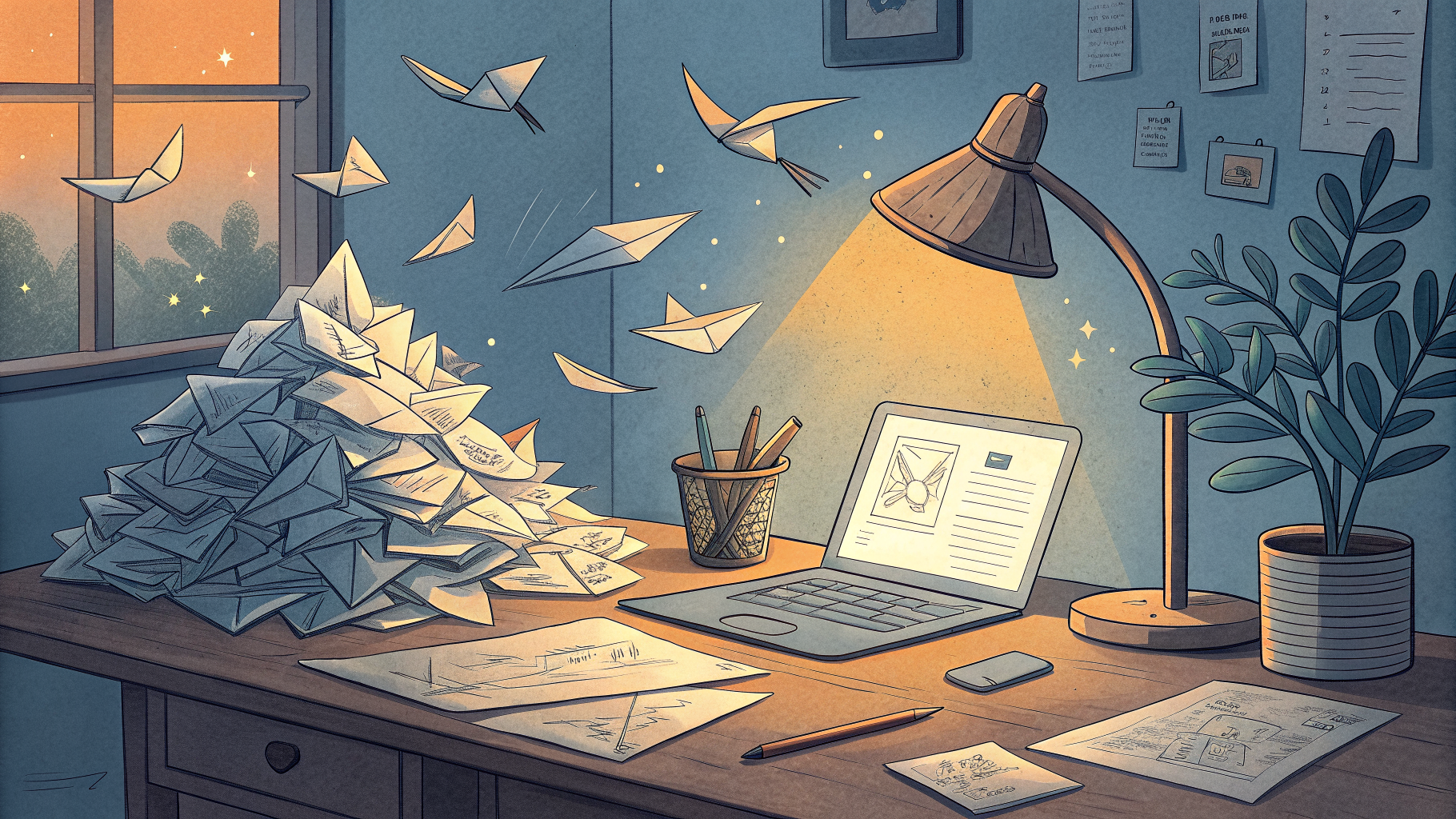 Hand-drawn editorial illustration clean lines warm colors A tangled pile