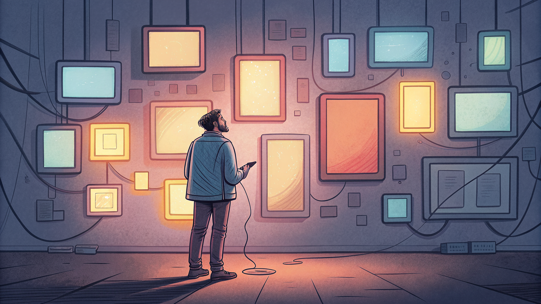 Hand-drawn editorial illustration clean lines warm colors An artist stands
