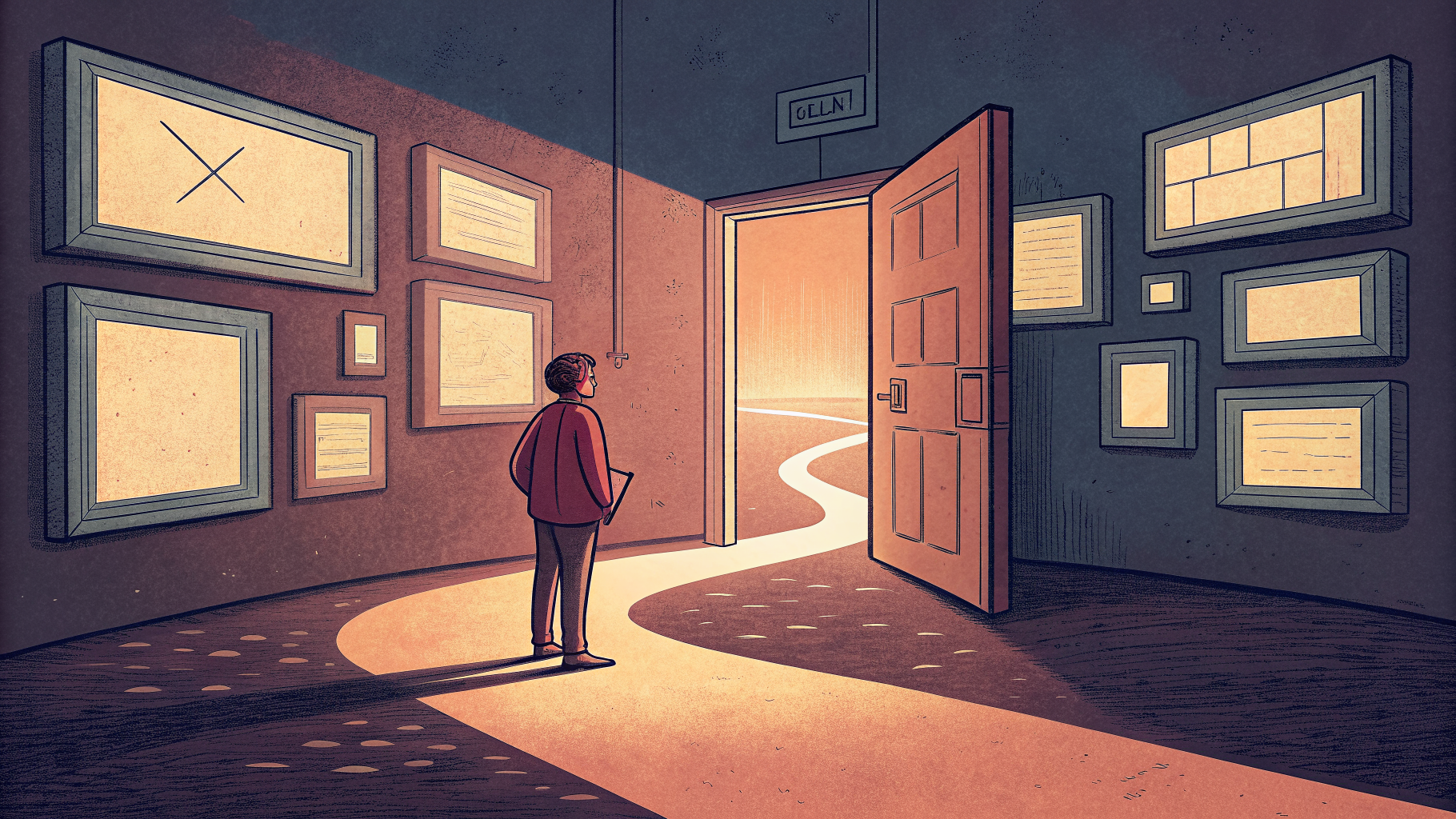 Hand-drawn editorial illustration clean lines warm colors A person stands