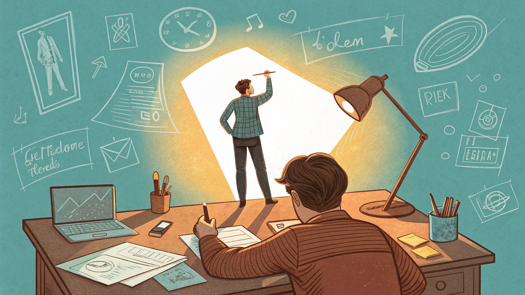 Hand-drawn editorial illustration clean lines warm colors A person at