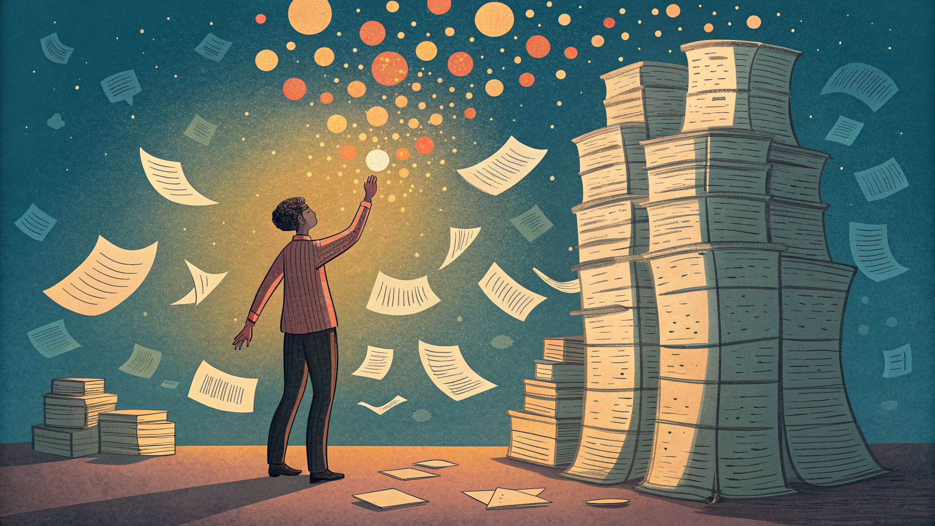 Hand-drawn editorial illustration clean lines warm colors A person stands