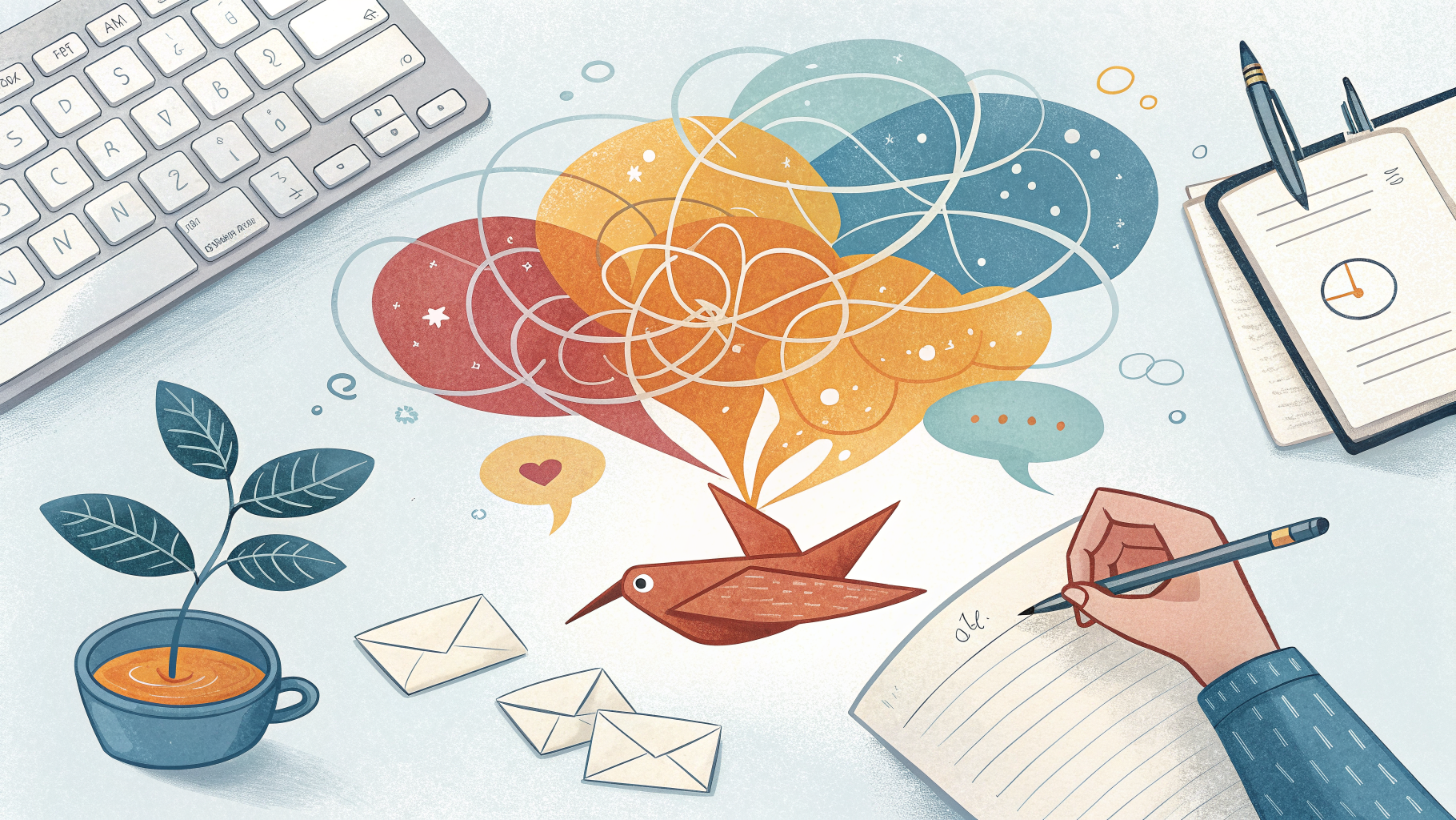 Hand-drawn editorial illustration clean lines warm colors A tangled knot