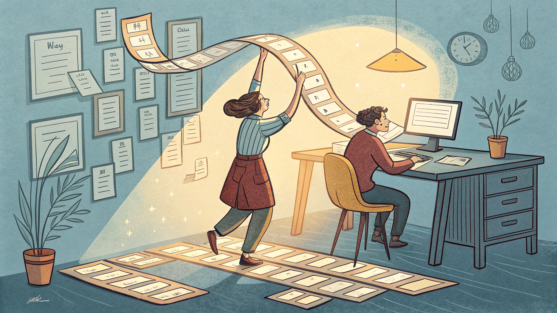 Hand-drawn editorial illustration clean lines warm colors A person at