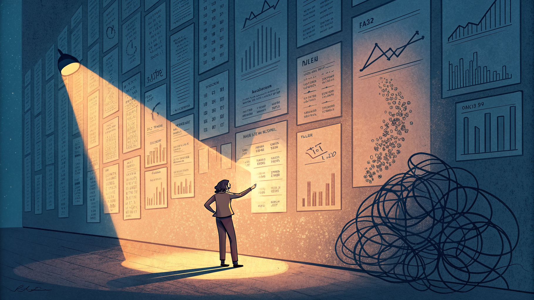 Hand-drawn editorial illustration clean lines warm colors A person stands
