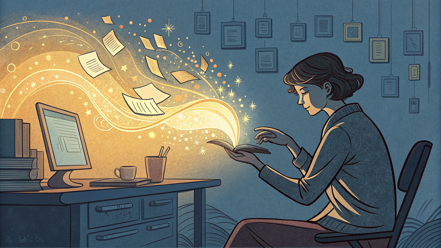 Hand-drawn editorial illustration clean lines warm colors A person sits