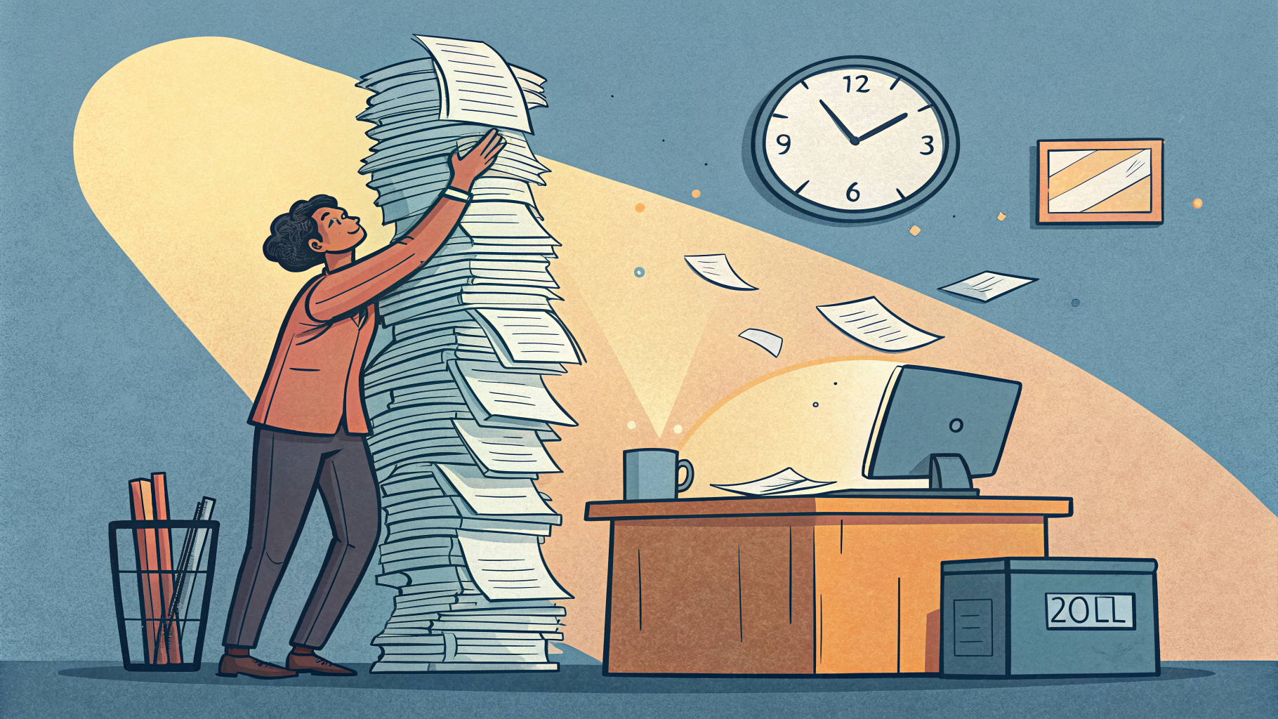 Hand-drawn editorial illustration clean lines warm colors A person at