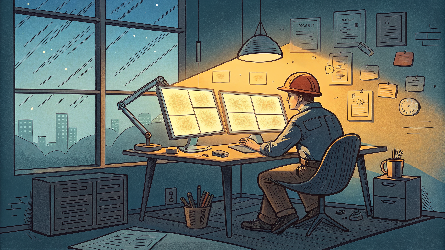 Hand-drawn editorial illustration clean lines warm colors A lone engineer