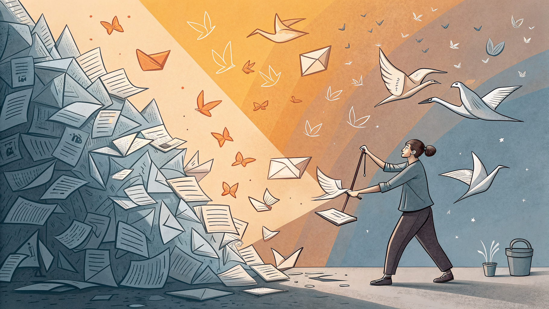 Hand-drawn editorial illustration clean lines warm colors A cluttered wall