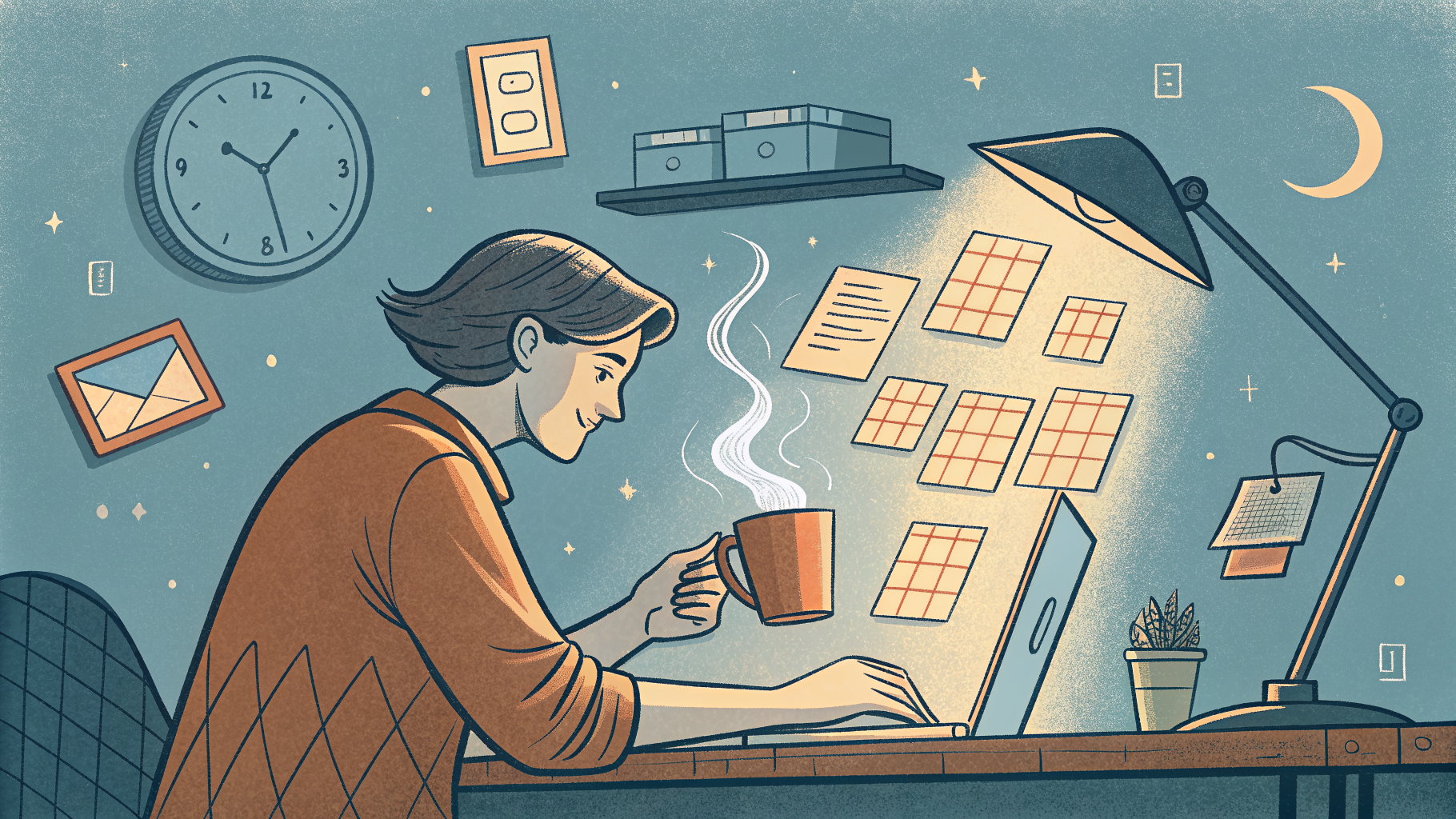 Hand-drawn editorial illustration clean lines warm colors A person at