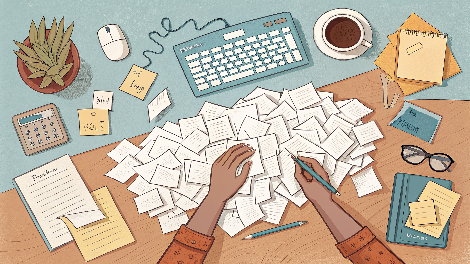 Hand-drawn editorial illustration clean lines warm colors A tangled heap