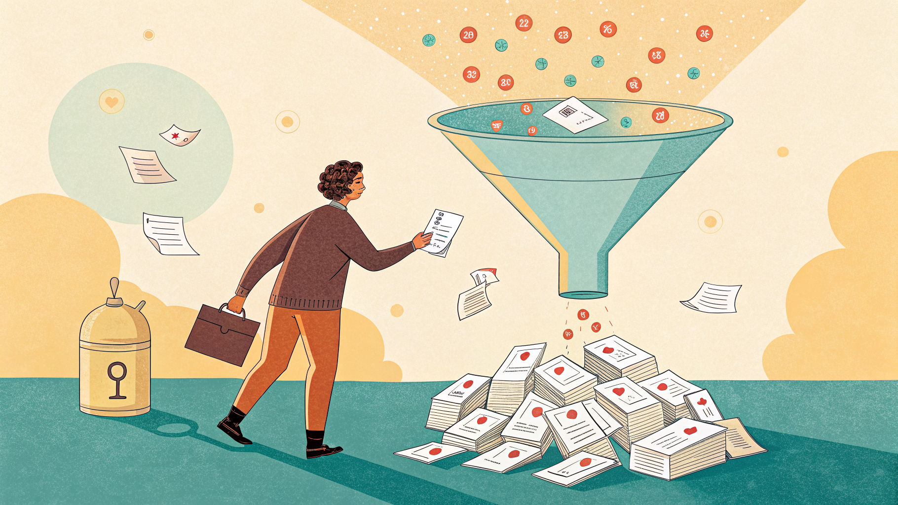 Hand-drawn editorial illustration clean lines warm colors A person drops